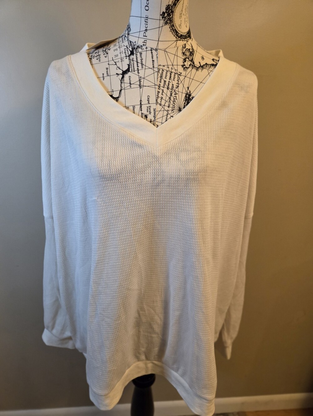 EKOUAER XXL Womens Ivory Thermal Waffle Knit Shirt Oversized V Neck NWT